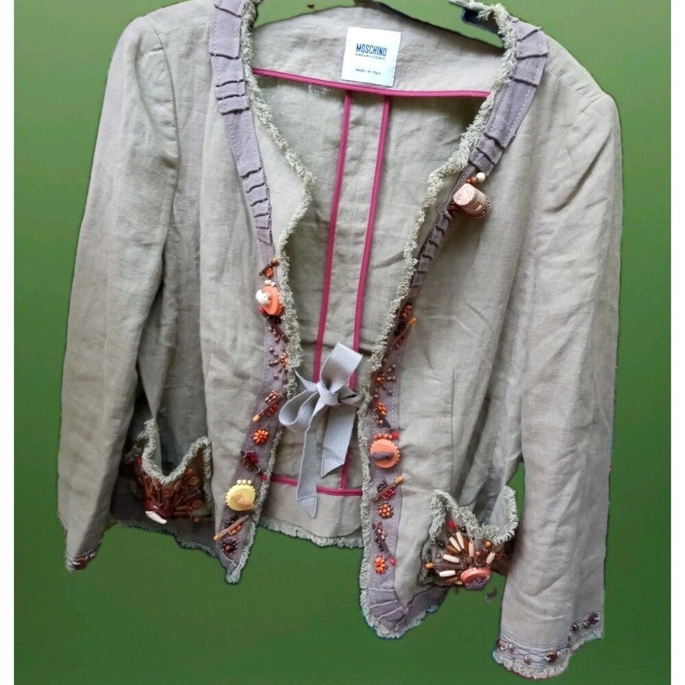 Moschino Jacket Cheap Chic Linen Charm With Bead Cork Nature Design Size 10 Rare